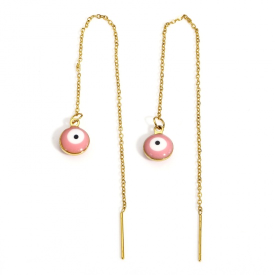 Picture of 1 Pair 304 Stainless Steel Religious Ear Thread Threader Earrings Gold Plated Pink Round Evil Eye Double-sided Enamel 12.5cm x