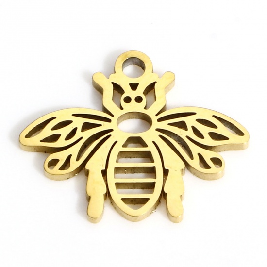 Picture of 1 Piece Vacuum Plating 316L Stainless Steel Insect Charms Gold Plated Bee Animal Hollow 15mm x 12mm