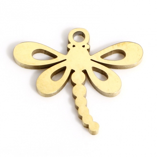 Picture of 1 Piece Vacuum Plating 316L Stainless Steel Insect Charms Gold Plated Dragonfly Animal Hollow 14.5mm x 13mm