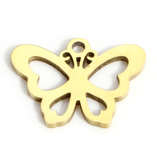 Picture of 1 Piece Vacuum Plating 316L Stainless Steel Insect Charms Gold Plated Butterfly Animal Hollow 15mm x 11mm