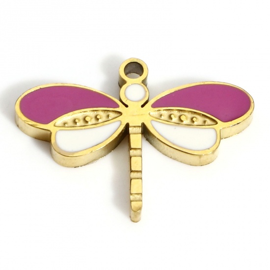 Picture of 1 Piece Vacuum Plating 316L Stainless Steel Insect Charms Gold Plated White & Purple Dragonfly Animal Enamel 15.5mm x 11mm