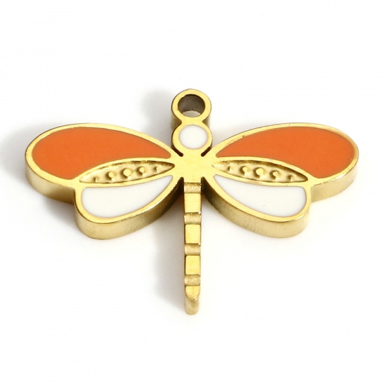 Picture of 1 Piece Vacuum Plating 316L Stainless Steel Insect Charms Gold Plated White & Orange Dragonfly Animal Enamel 15.5mm x 11mm