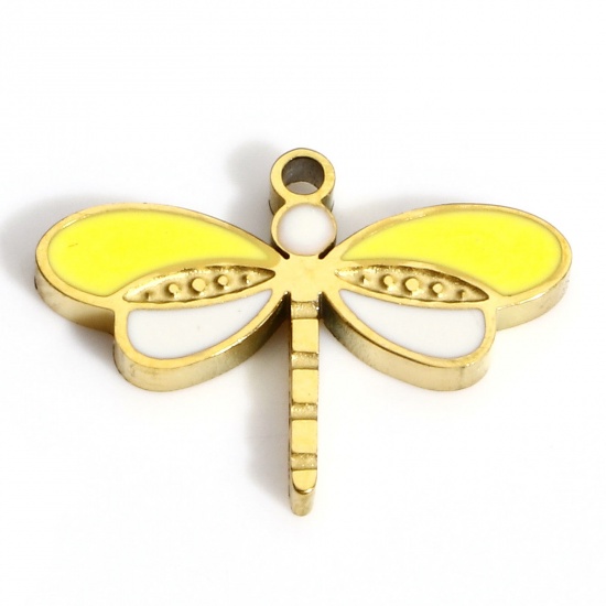 Picture of 1 Piece Vacuum Plating 316L Stainless Steel Insect Charms Gold Plated White & Yellow Dragonfly Animal Enamel 15.5mm x 11mm