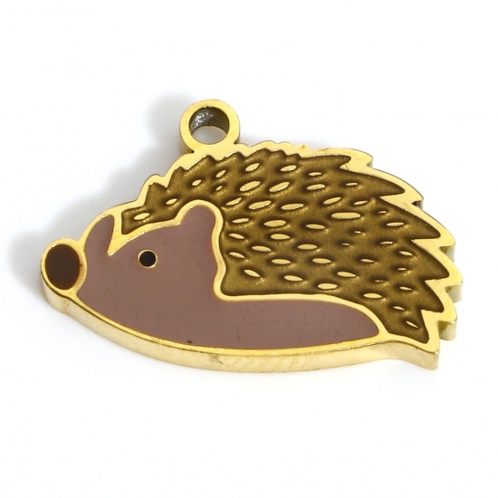 Picture of 1 Piece Vacuum Plating 316L Stainless Steel Cute Charms Gold Plated Brown Hedgehog Enamel 16mm x 10mm