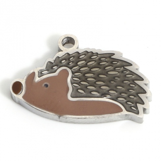 Picture of 1 Piece 316L Stainless Steel Cute Charms Silver Tone Brown Hedgehog Enamel 16mm x 10mm