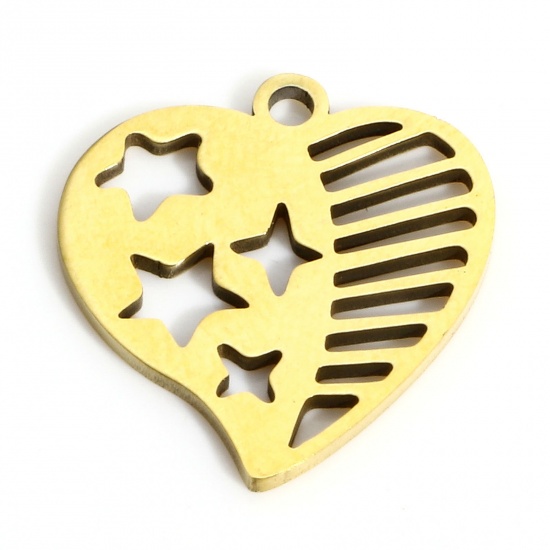 Picture of 1 Piece Eco-friendly PVD Vacuum Plating 316L Stainless Steel Valentine's Day Charms 18K Real Gold Plated Heart Pentagram Star Hollow 15.5mm x 15mm