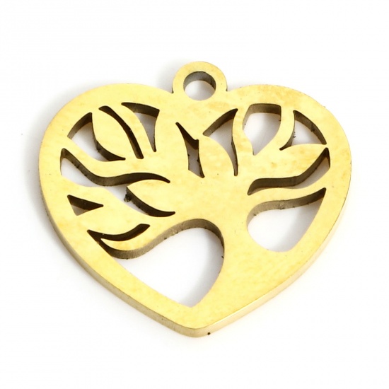 Picture of 1 Piece Eco-friendly PVD Vacuum Plating 316L Stainless Steel Valentine's Day Charms 18K Real Gold Plated Heart Tree of Life Hollow 15mm x 14mm
