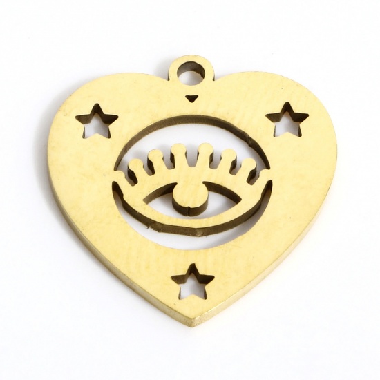 Picture of 1 Piece Eco-friendly PVD Vacuum Plating 316L Stainless Steel Valentine's Day Charms 18K Real Gold Plated Heart Eye Hollow 17mm x 16mm