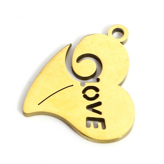 Picture of 1 Piece Eco-friendly PVD Vacuum Plating 316L Stainless Steel Valentine's Day Charms 18K Real Gold Plated Heart Message " LOVE " Hollow 17mm x 14mm