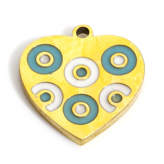 Picture of 1 Piece Eco-friendly PVD Vacuum Plating 316L Stainless Steel Valentine's Day Charms 18K Real Gold Plated White & Blue Heart Circle Enamel 13.5mm x 12.5mm
