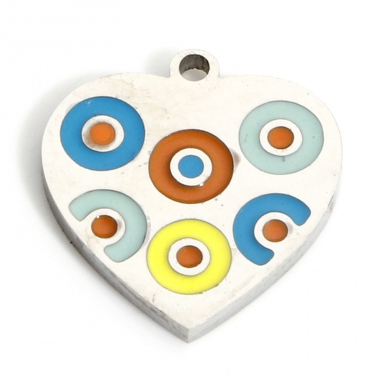 Picture of 1 Piece 316L Stainless Steel Valentine's Day Charms Silver Tone Multicolor Heart Circle Enamel 13.5mm x 12.5mm