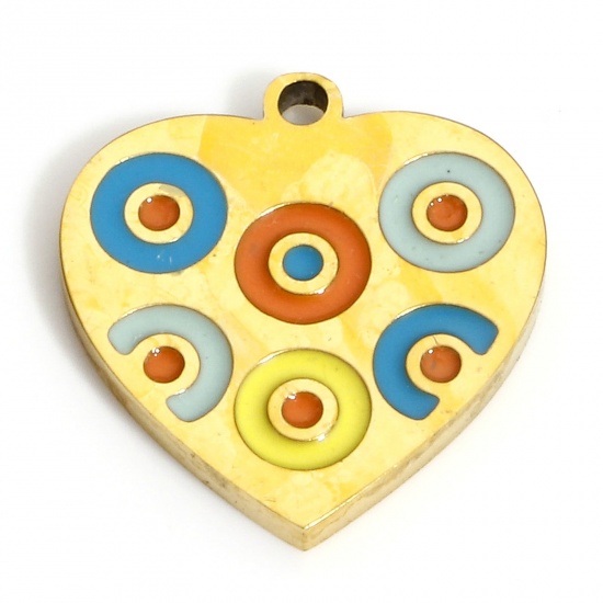 Picture of 1 Piece Eco-friendly PVD Vacuum Plating 316L Stainless Steel Valentine's Day Charms 18K Real Gold Plated Multicolor Heart Circle Enamel 13.5mm x 12.5mm