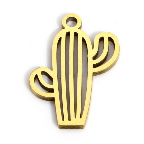 Immagine di 2 Pz Placcatura Sottovuoto PVD Ecologica 316L Acciaio inossidabile Stile Pastorale Ciondoli Cactus 18K Vero Oro Placcato Filigrana 17.5mm x 12mm