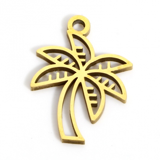 Immagine di 2 Pz Placcatura Sottovuoto PVD Ecologica 316L Acciaio inossidabile Stile Pastorale Ciondoli Albero di Cocco 18K Vero Oro Placcato Filigrana 17mm x 12mm