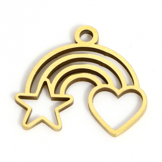 Immagine di 2 Pz Placcatura Sottovuoto PVD Ecologica 316L Acciaio inossidabile Arcobaleno Ciondoli Arcobaleno 18K Vero Oro Placcato Cuore Filigrana 15mm x 13.5mm