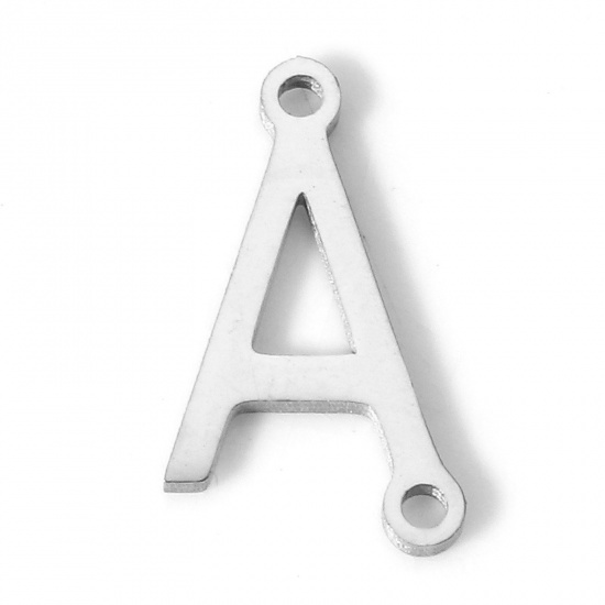 Picture of 5 PCs 304 Stainless Steel Connectors Charms Pendants Silver Tone Capital Alphabet/ Letter Message " A " 12mm x 7mm