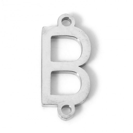 Picture of 5 PCs 304 Stainless Steel Connectors Charms Pendants Silver Tone Capital Alphabet/ Letter Message " B " 12mm x 5mm