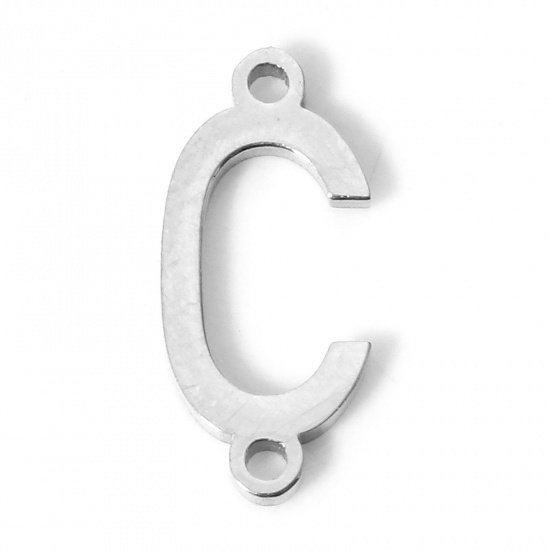 Picture of 5 PCs 304 Stainless Steel Connectors Charms Pendants Silver Tone Capital Alphabet/ Letter Message " C " 12mm x 5mm