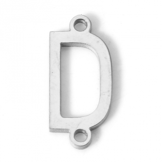 Picture of 5 PCs 304 Stainless Steel Connectors Charms Pendants Silver Tone Capital Alphabet/ Letter Message " D " 12mm x 5mm