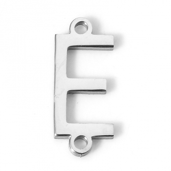 Picture of 5 PCs 304 Stainless Steel Connectors Charms Pendants Silver Tone Capital Alphabet/ Letter Message " E " 12mm x 5mm