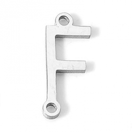 Picture of 5 PCs 304 Stainless Steel Connectors Charms Pendants Silver Tone Capital Alphabet/ Letter Message " F " 12mm x 5mm