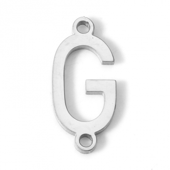 Picture of 5 PCs 304 Stainless Steel Connectors Charms Pendants Silver Tone Capital Alphabet/ Letter Message " G " 12mm x 5.5mm