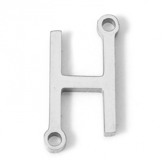 Picture of 5 PCs 304 Stainless Steel Connectors Charms Pendants Silver Tone Capital Alphabet/ Letter Message " H " 12mm x 6mm