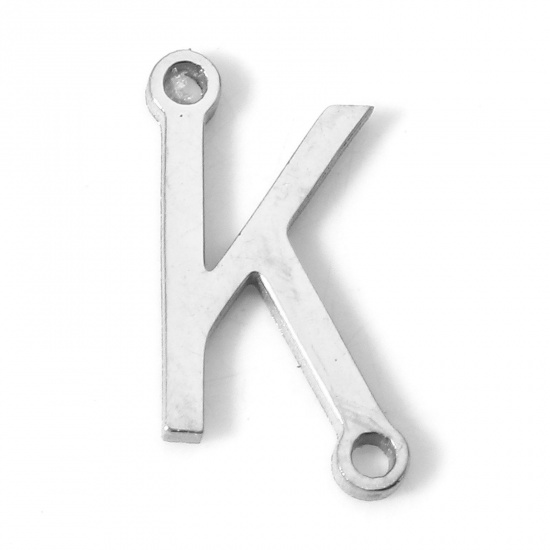 Picture of 5 PCs 304 Stainless Steel Connectors Charms Pendants Silver Tone Capital Alphabet/ Letter Message " K " 12mm x 6mm