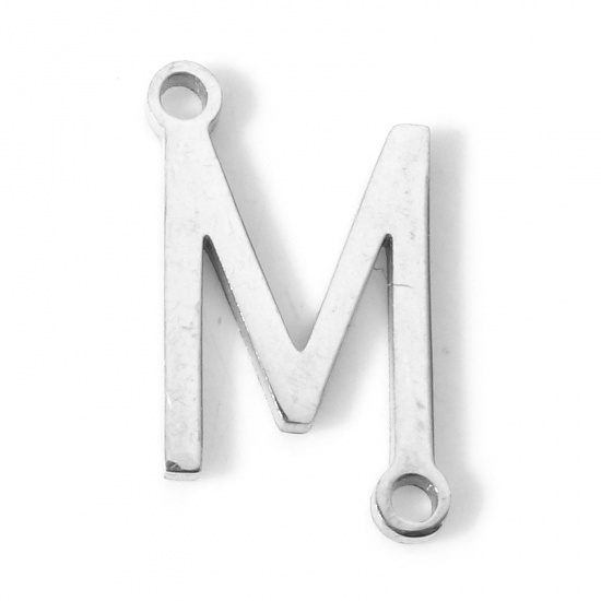 Picture of 5 PCs 304 Stainless Steel Connectors Charms Pendants Silver Tone Capital Alphabet/ Letter Message " M " 12mm x 7mm