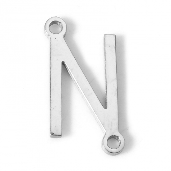 Picture of 5 PCs 304 Stainless Steel Connectors Charms Pendants Silver Tone Capital Alphabet/ Letter Message " N " 12mm x 6mm