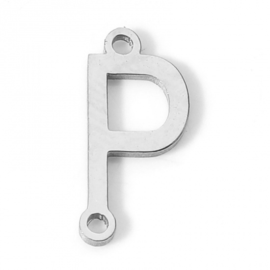 Picture of 5 PCs 304 Stainless Steel Connectors Charms Pendants Silver Tone Capital Alphabet/ Letter Message " P " 12mm x 6mm