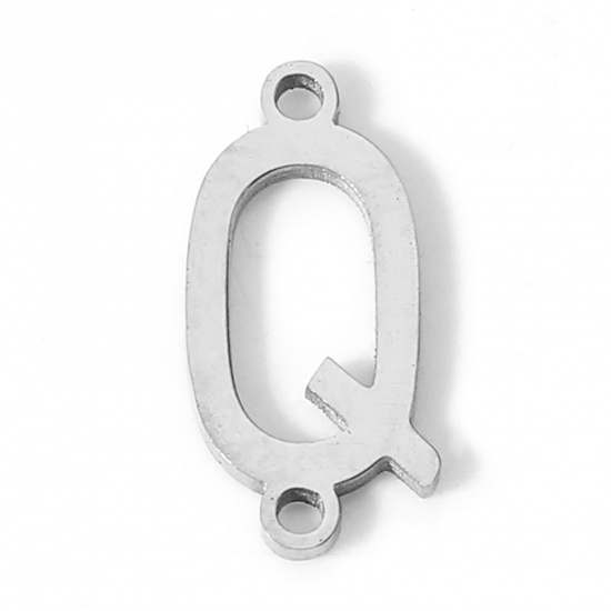 Picture of 5 PCs 304 Stainless Steel Connectors Charms Pendants Silver Tone Capital Alphabet/ Letter Message " Q " 12mm x 6mm