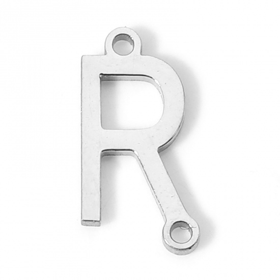 Picture of 5 PCs 304 Stainless Steel Connectors Charms Pendants Silver Tone Capital Alphabet/ Letter Message " R " 12mm x 6mm