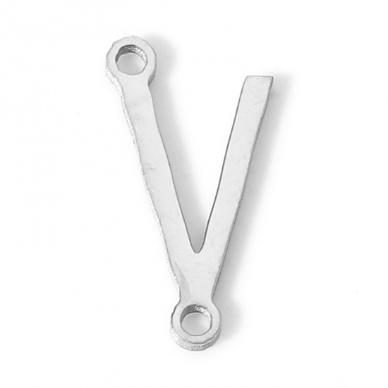 Picture of 5 PCs 304 Stainless Steel Connectors Charms Pendants Silver Tone Capital Alphabet/ Letter Message " V " 12mm x 6mm