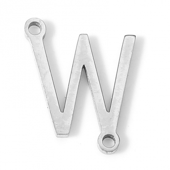 Picture of 5 PCs 304 Stainless Steel Connectors Charms Pendants Silver Tone Capital Alphabet/ Letter Message " W " 12mm x 9mm