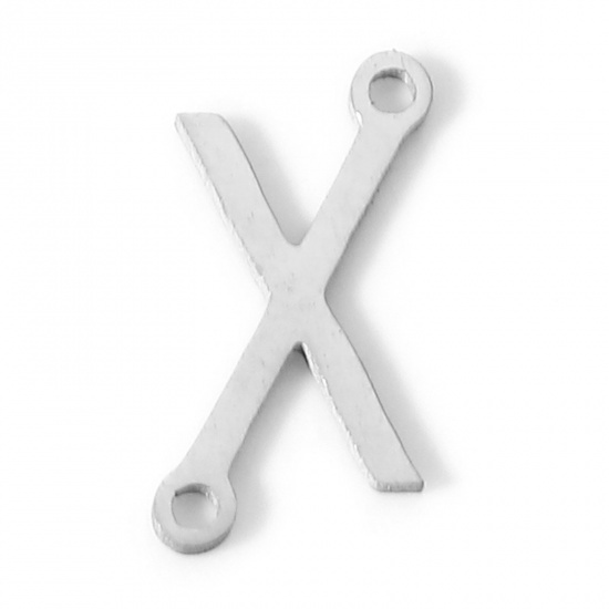 Picture of 5 PCs 304 Stainless Steel Connectors Charms Pendants Silver Tone Capital Alphabet/ Letter Message " X " 12mm x 6mm