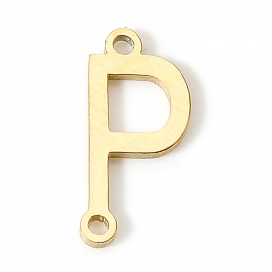 Picture of 5 PCs 304 Stainless Steel Connectors Charms Pendants Gold Plated Capital Alphabet/ Letter Message " P " 12mm x 6mm
