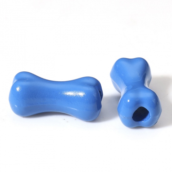 Bild von 10 Stück Zinklegierung Haustier Denkmal Zwischenperlen Spacer Perlen für die Herstellung von DIY-Charme-Schmuck Blau Knochen Spritzlackierung ca. 15mm x 7mm, Loch:ca. 2.5mm