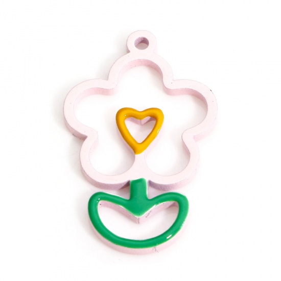 Imagen de 2 Unidades Enchapado al Vacío Ecológico 316L Acero Inoxidable Estilo Pastoral Colgantes Charms Flor Hoja Rosado Esmalte 19mm x 12mm