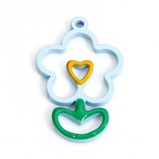 Imagen de 2 Unidades Enchapado al Vacío Ecológico 316L Acero Inoxidable Estilo Pastoral Colgantes Charms Flor Hoja Azul Esmalte 19mm x 12mm