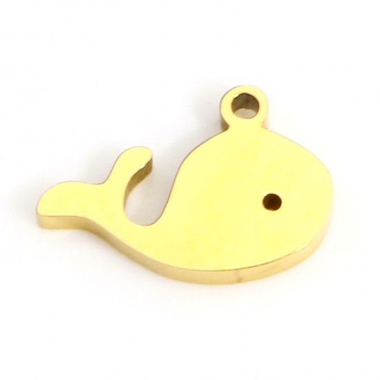 Image de 2 Pcs Breloques en 316L Acier Inoxydable Placage Sous Vide Écologique Bijoux d'Océan Dauphin Doré 8mm x 5.5mm