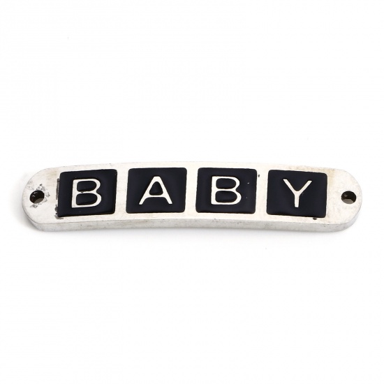 Picture of 2 PCs 304 Stainless Steel Valentine's Day Connectors Charms Pendants Silver Tone Black Rectangle Message " baby " Enamel 3cm x 0.6cm