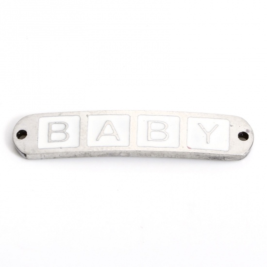 Picture of 2 PCs 304 Stainless Steel Valentine's Day Connectors Charms Pendants Silver Tone White Rectangle Message " baby " Enamel 3cm x 0.6cm