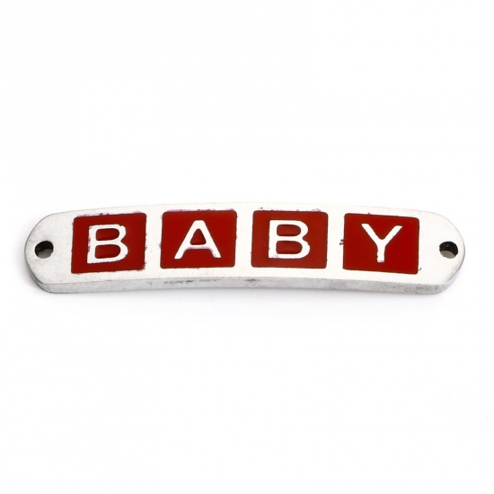 Picture of 2 PCs 304 Stainless Steel Valentine's Day Connectors Charms Pendants Silver Tone Red Rectangle Message " baby " Enamel 3cm x 0.6cm