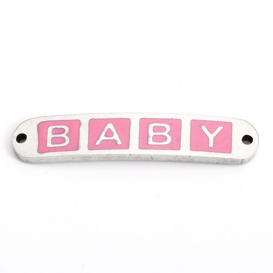 Picture of 2 PCs 304 Stainless Steel Valentine's Day Connectors Charms Pendants Silver Tone Pink Rectangle Message " baby " Enamel 3cm x 0.6cm