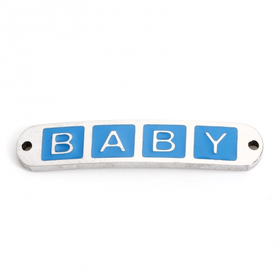 Picture of 2 PCs 304 Stainless Steel Valentine's Day Connectors Charms Pendants Silver Tone Skyblue Rectangle Message " baby " Enamel 3cm x 0.6cm