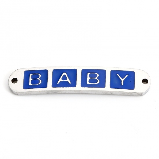 Picture of 2 PCs 304 Stainless Steel Valentine's Day Connectors Charms Pendants Silver Tone Dark Blue Rectangle Message " baby " Enamel 3cm x 0.6cm