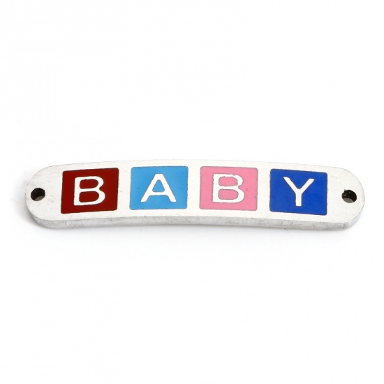 Picture of 2 PCs 304 Stainless Steel Valentine's Day Connectors Charms Pendants Silver Tone Multicolor Rectangle Message " baby " Enamel 3cm x 0.6cm