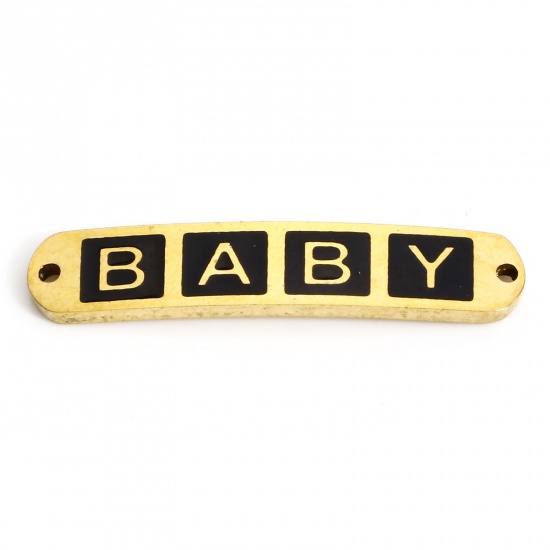 Picture of 2 PCs Vacuum Plating 304 Stainless Steel Valentine's Day Connectors Charms Pendants 18K Gold Plated Black Rectangle Message " baby " Enamel 3cm x 0.6cm
