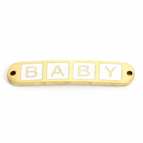 Picture of 2 PCs 304 Stainless Steel Valentine's Day Connectors Charms Pendants 18K Gold Color White Rectangle Message " baby " Enamel 3cm x 0.6cm